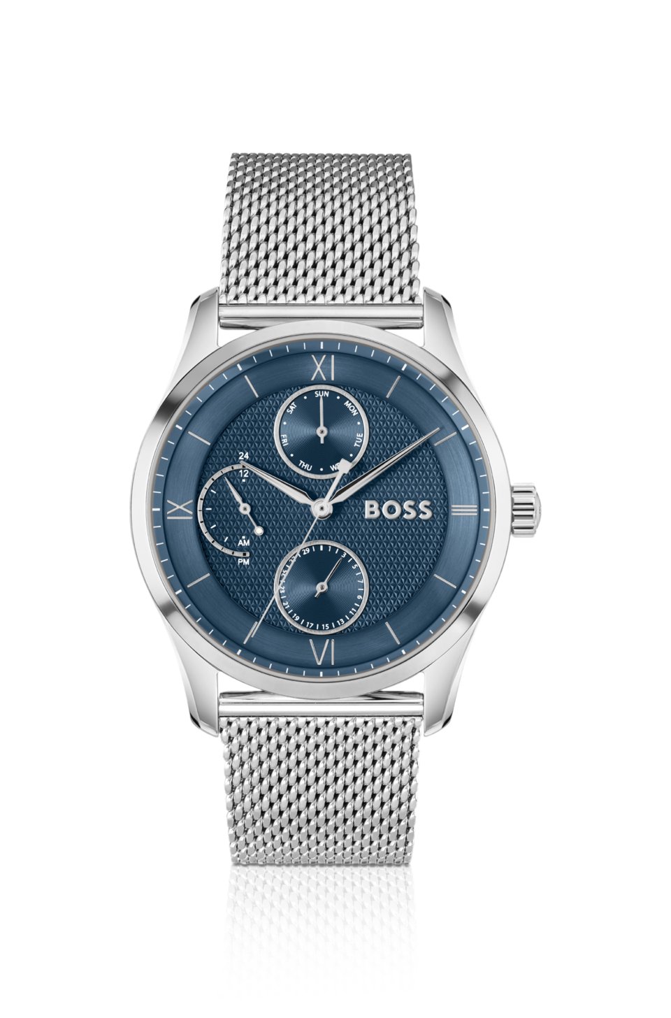 Blue-dial watch with mesh bracelet