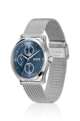 Blue-dial watch with mesh bracelet, Silver tone