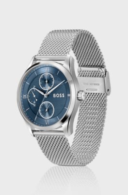 Blue-dial watch with mesh bracelet, Silver tone
