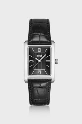 PRINCIPLE DRESS Uhr mit schwarzem Zifferblatt und Lederarmband mit Alligator-Pr&auml;gung, Schwarz