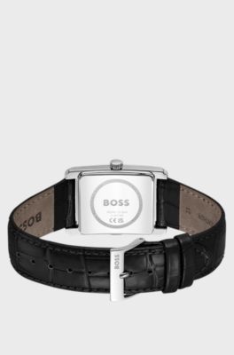 PRINCIPLE DRESS Uhr mit schwarzem Zifferblatt und Lederarmband mit Alligator-Pr&auml;gung, Schwarz