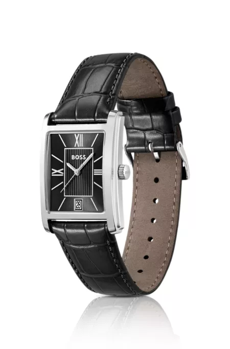 Black-dial watch with alligator-embossed leather strap
