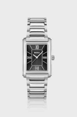 Principle-horloge met zwarte wijzerplaat en polsband met H-schakels, Zilverkleurig