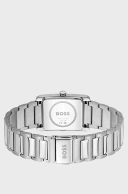 Principle-horloge met zwarte wijzerplaat en polsband met H-schakels, Zilverkleurig