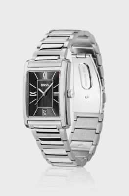 Principle-horloge met zwarte wijzerplaat en polsband met H-schakels, Zilverkleurig