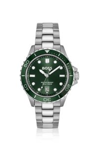 Green-dial watch with steel bracelet, Silver tone