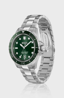 TROPER SPORT Green-dial watch with steel bracelet, Silver tone