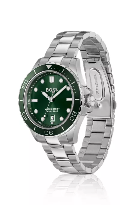 Green-dial watch with steel bracelet