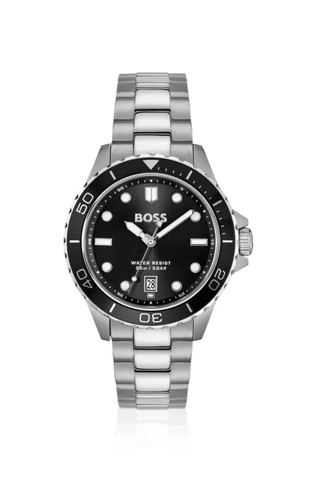 Black-dial watch with steel bracelet