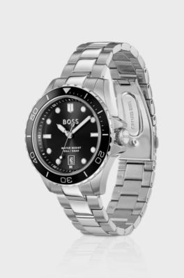TROPER SPORT Black-dial watch with steel bracelet, Silver tone
