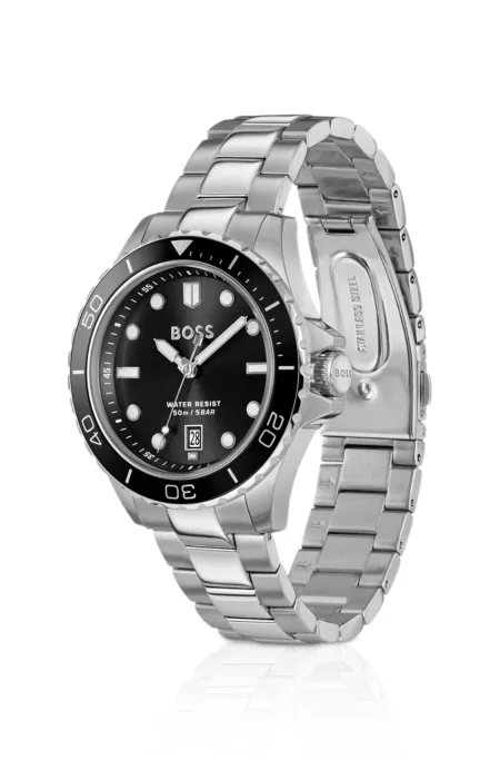 Black-dial watch with steel bracelet