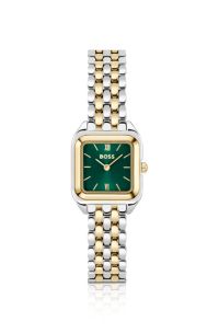 Orologio con quadrante verde e bracciale bicolore, Color argento