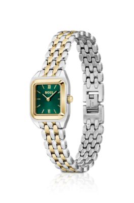 Uhr mit gr&uuml;nem Zifferblatt und zweifarbigem Armband, Silberfarben