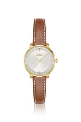 Silver-white-dial watch with leather strap, Brown