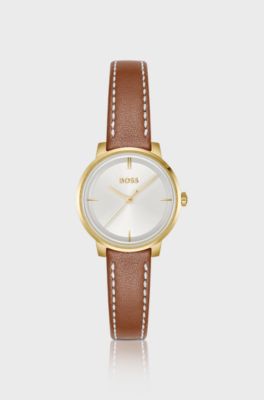 Silver-white-dial watch with leather strap, Brown