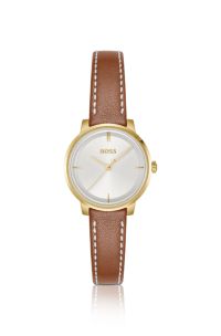 Uhr mit silber-wei&szlig;em Zifferblatt und Lederarmband, Braun