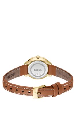 Silver-white-dial watch with leather strap, Brown