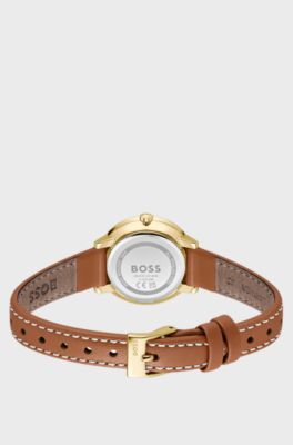 Montre &agrave; cadran blanc argent&eacute; et bracelet en cuir, Marron