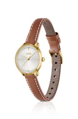 Silver-white-dial watch with leather strap, Brown