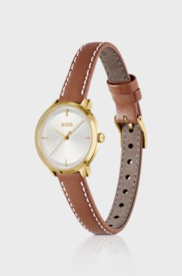 Uhr mit silber-wei&szlig;em Zifferblatt und Lederarmband, Braun