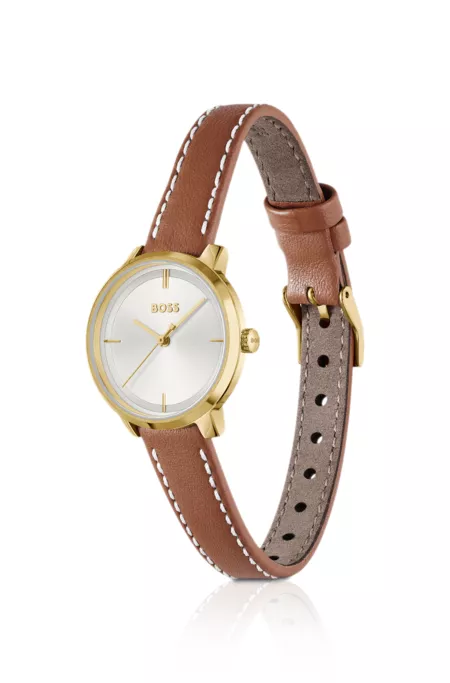 Silver-white-dial watch with leather strap