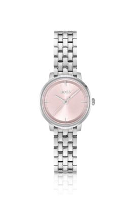 Pink-dial watch with multi-link bracelet, Silver tone