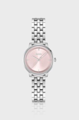 Pink-dial watch with multi-link bracelet, Silver tone