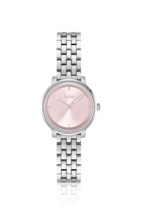 Uhr mit rosa Zifferblatt und Gliederarmband, Silberfarben