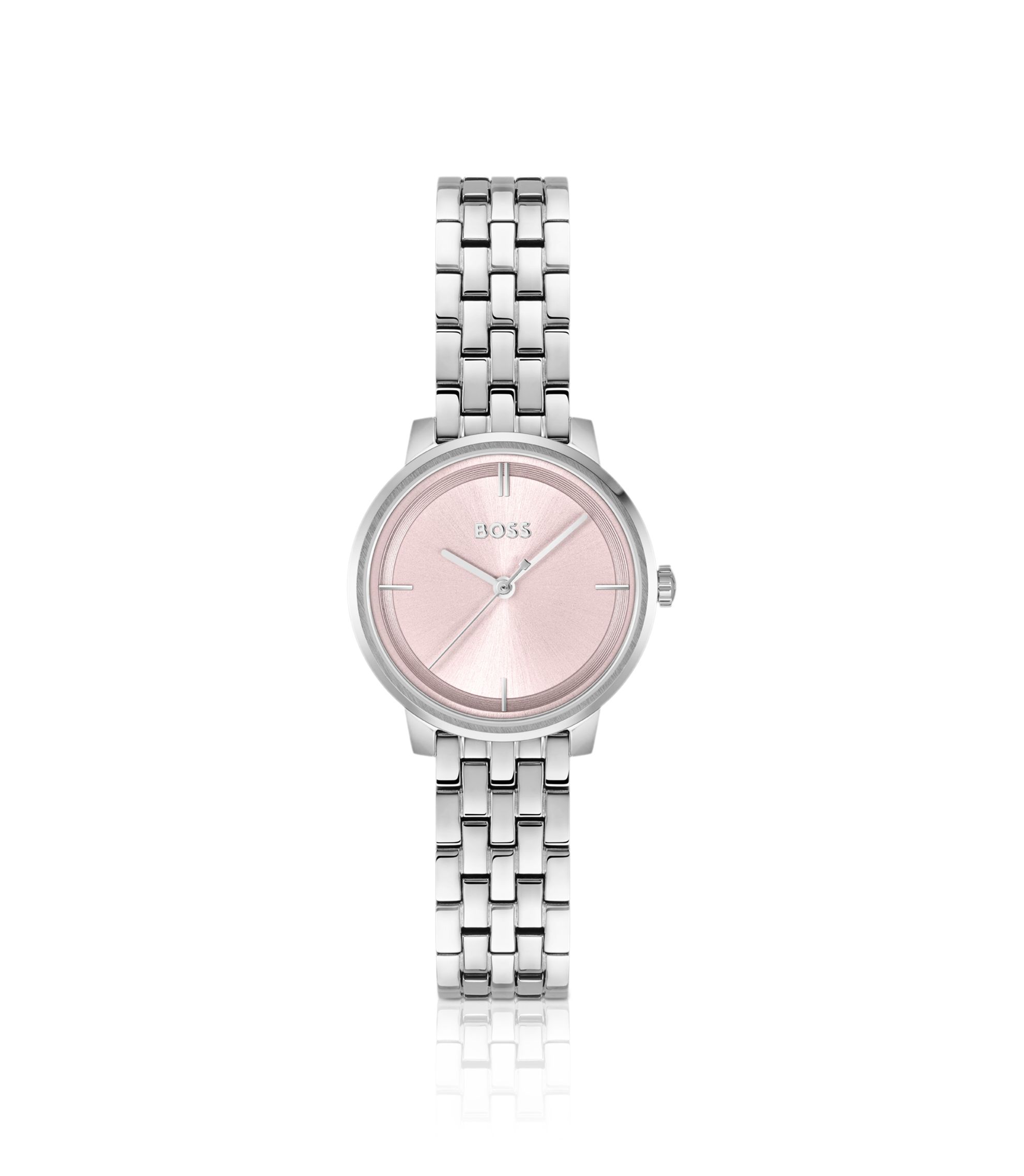 Uhr mit rosa Zifferblatt und Gliederarmband