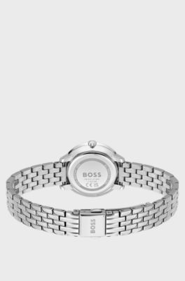 Uhr mit rosa Zifferblatt und Gliederarmband, Silberfarben