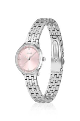 Pink-dial watch with multi-link bracelet, Silver tone
