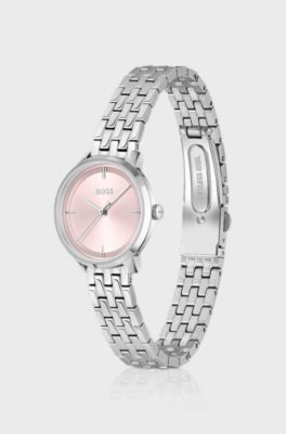 Pink-dial watch with multi-link bracelet, Silver tone