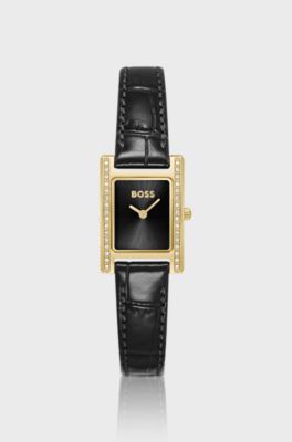 Orologio con quadrante nero decorato con cristalli e cinturino in pelle coordinato, Nero
