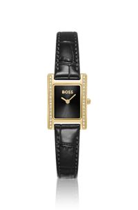 Orologio con quadrante nero decorato con cristalli e cinturino in pelle coordinato, Nero