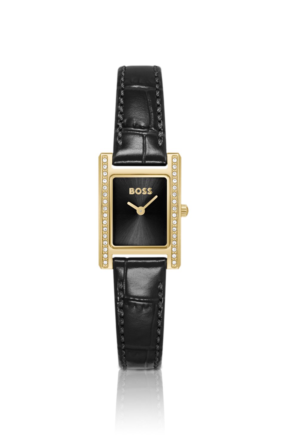 LUCY PRECIOUS Crystal-embellished black-dial watch with matching leather strap