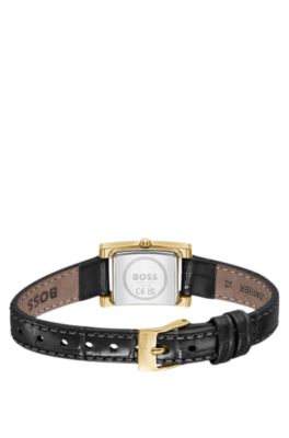 Orologio con quadrante nero decorato con cristalli e cinturino in pelle coordinato, Nero