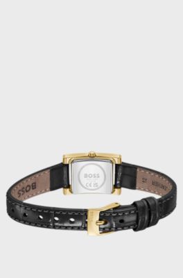 Orologio con quadrante nero decorato con cristalli e cinturino in pelle coordinato, Nero