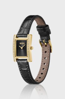 Orologio con quadrante nero decorato con cristalli e cinturino in pelle coordinato, Nero