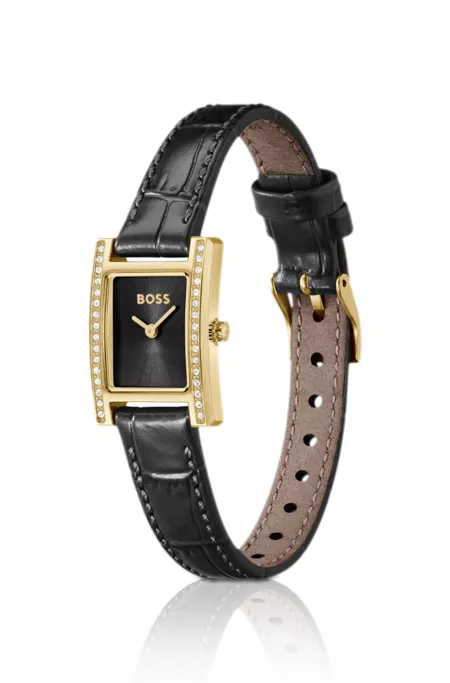Crystal-embellished black-dial watch with matching leather strap
