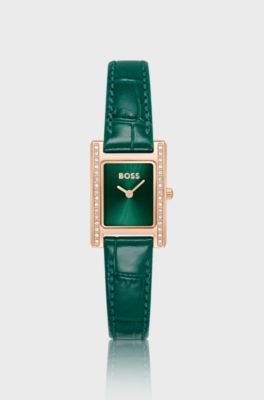 Crystal-embellished green-dial watch with green leather strap, Green