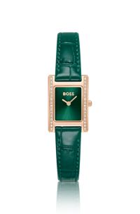 Orologio con quadrante verde decorato con cristalli e cinturino in pelle verde, Verde