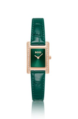Crystal-embellished green-dial watch with green leather strap