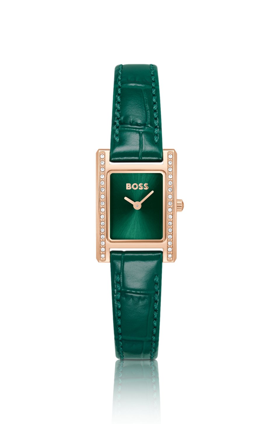 Crystal-embellished green-dial watch with green leather strap