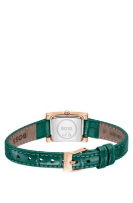 Kristallverzierte Uhr mit gr&uuml;nem Zifferblatt und gr&uuml;nem Lederarmband, Gr&uuml;n