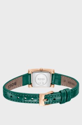 Crystal-embellished green-dial watch with green leather strap, Green