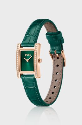Crystal-embellished green-dial watch with green leather strap, Green