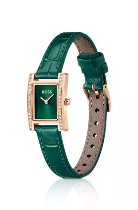 Crystal-embellished green-dial watch with green leather strap
