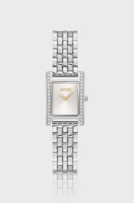 Zilverkleurig horloge met kristallen versieringen en zilverwitte wijzerplaat, Zilverkleurig