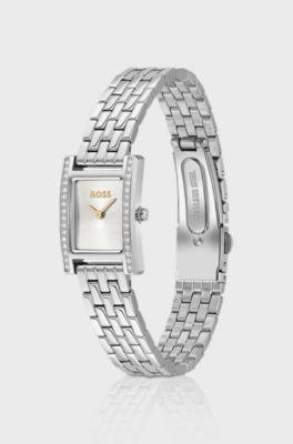 Orologio color argento con cristalli e quadrante bianco-argento, Color argento