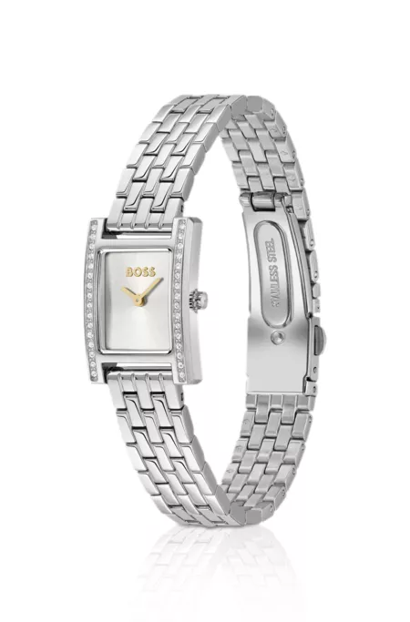 Crystal-embellished silver-tone watch with silver-white dial